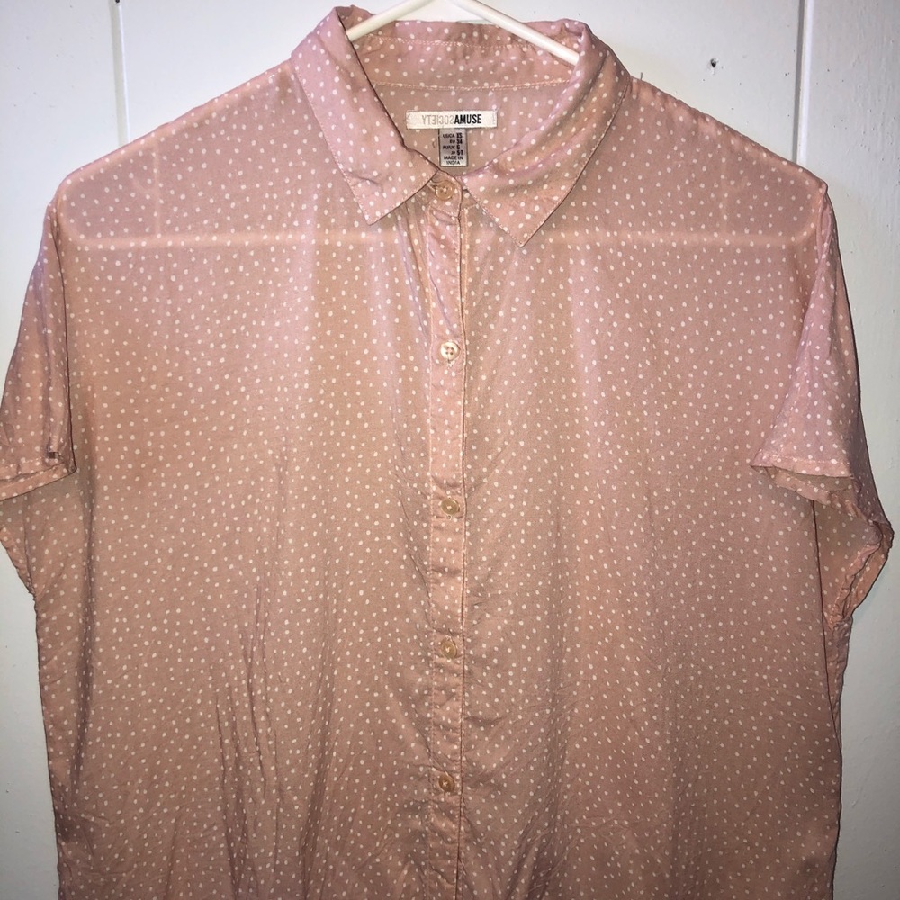 Pink with white polka dot button down shirt